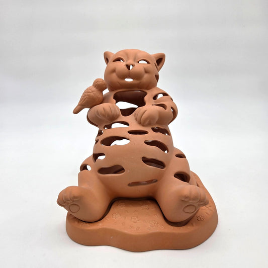 Vintage PartyLite Terra Cotta Cat & Bird Luminary Candle Holder