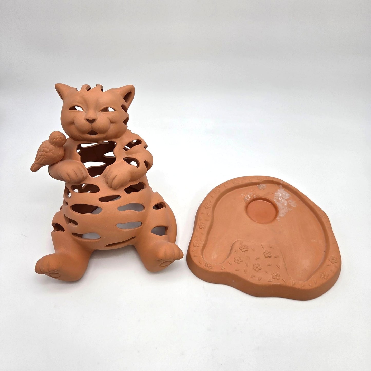 Vintage PartyLite Terra Cotta Cat & Bird Luminary Candle Holder