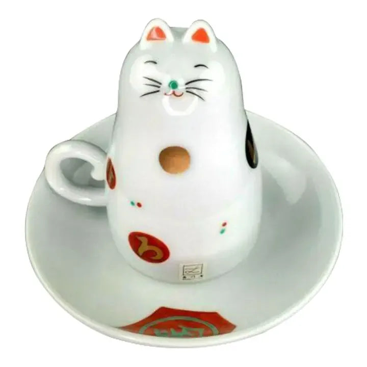 2000s Maneki Neko Cat Teacup Upside Down Cup and Saucer Set- 2 Pieces