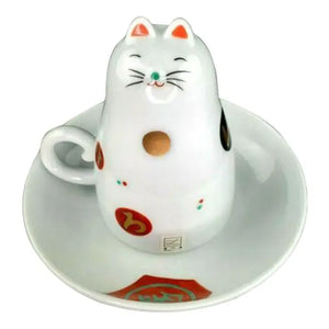 2000s Maneki Neko Cat Teacup Upside Down Cup and Saucer Set- 2 Pieces