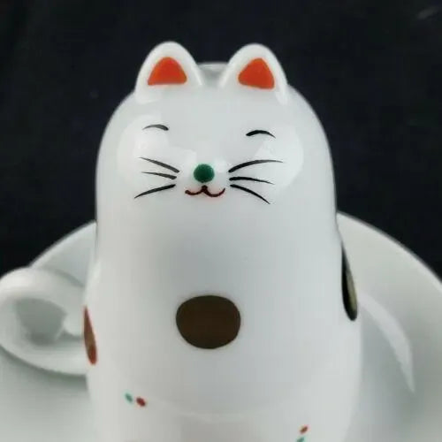 2000s Maneki Neko Cat Teacup Upside Down Cup and Saucer Set- 2 Pieces