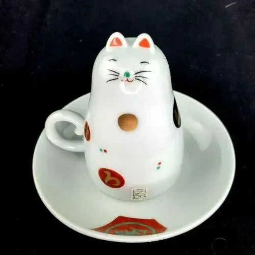 2000s Maneki Neko Cat Teacup Upside Down Cup and Saucer Set- 2 Pieces