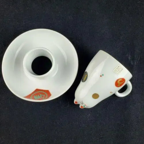 2000s Maneki Neko Cat Teacup Upside Down Cup and Saucer Set- 2 Pieces