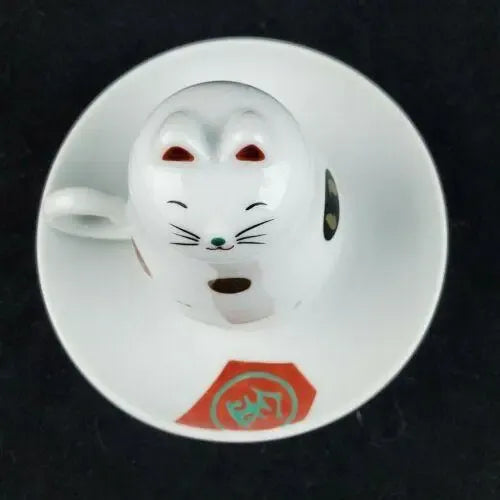 2000s Maneki Neko Cat Teacup Upside Down Cup and Saucer Set- 2 Pieces