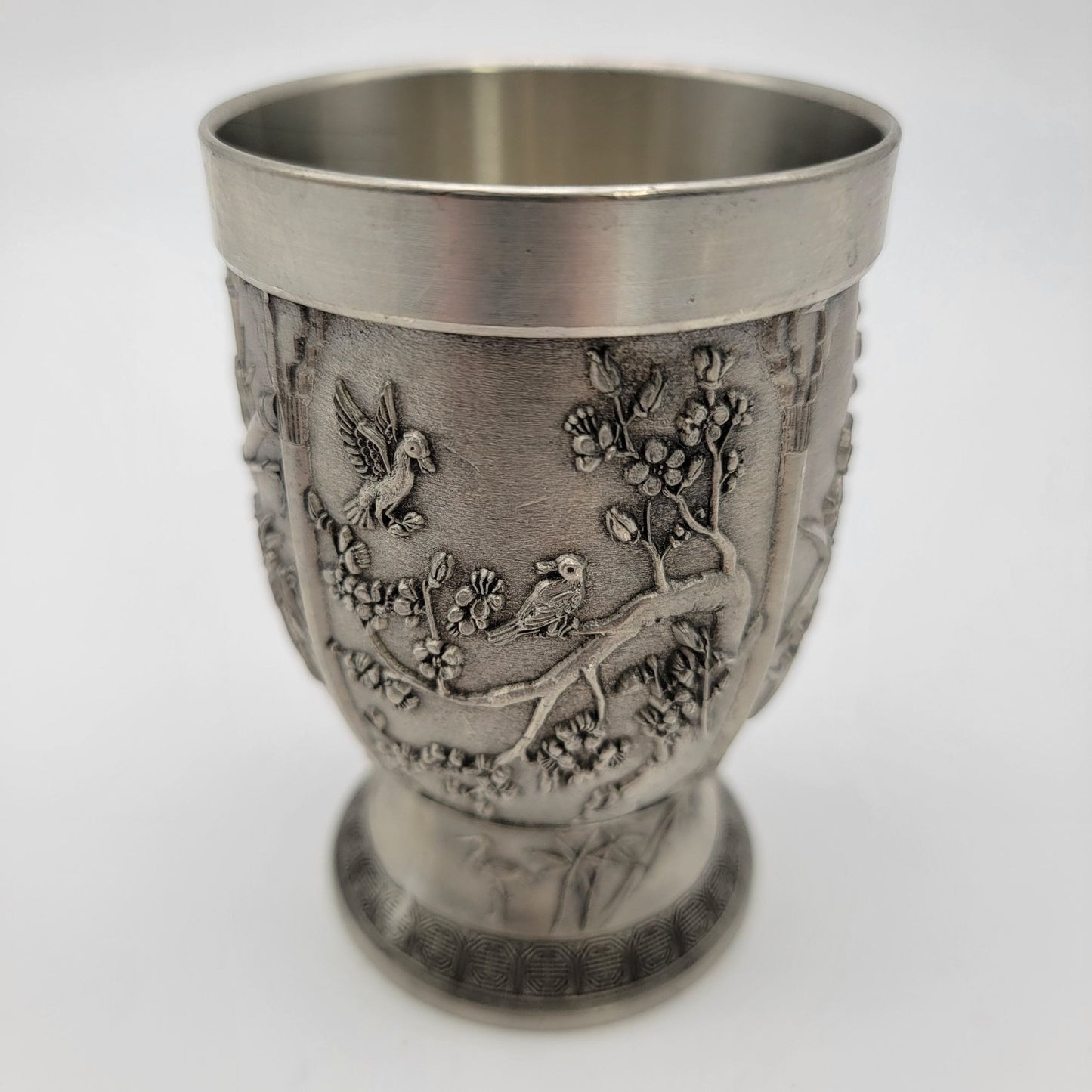Vintage Pewter Cup With Birds & Bamboo