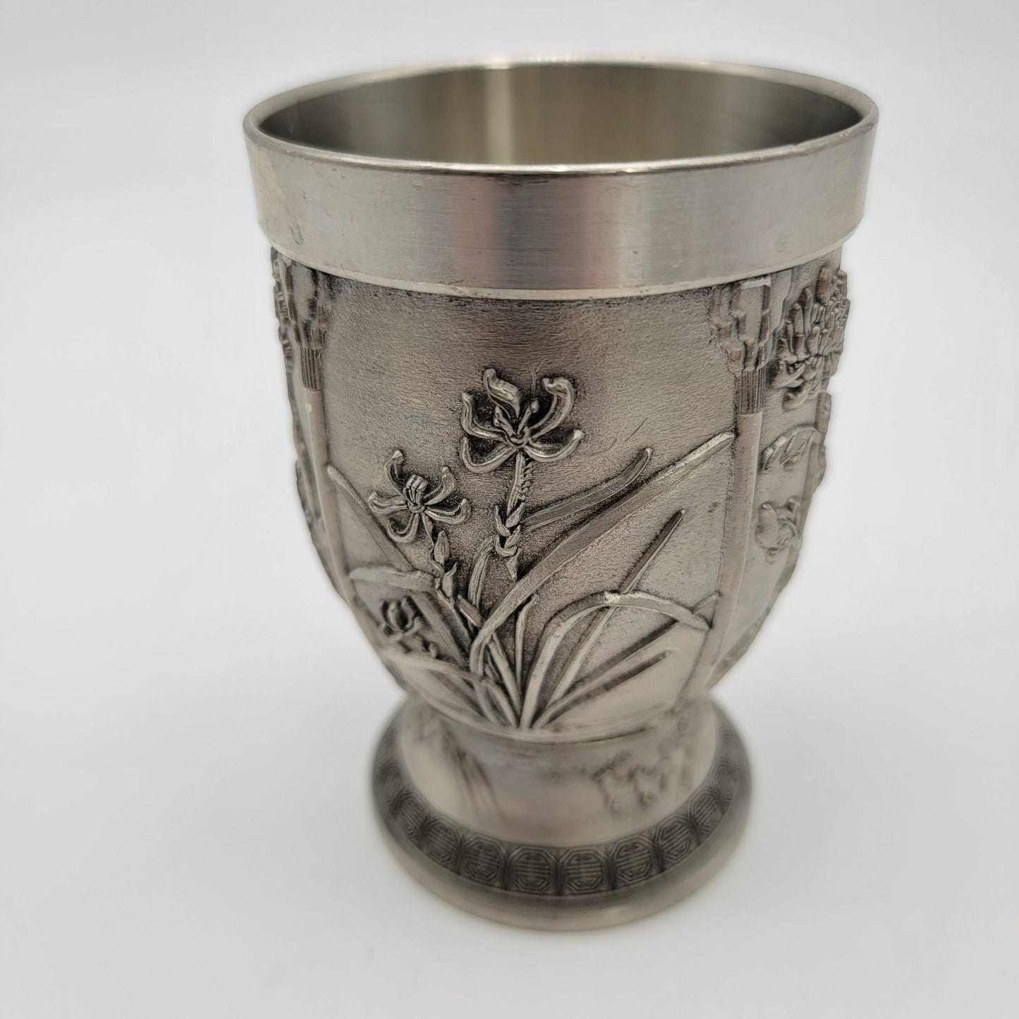 Vintage Pewter Cup With Birds & Bamboo