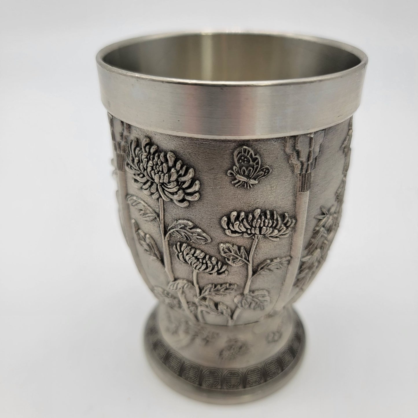 Vintage Pewter Cup With Birds & Bamboo