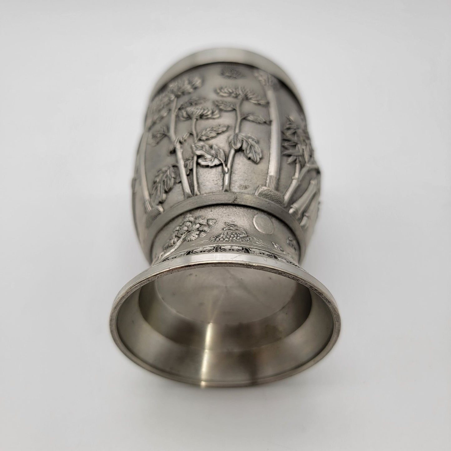 Vintage Pewter Cup With Birds & Bamboo