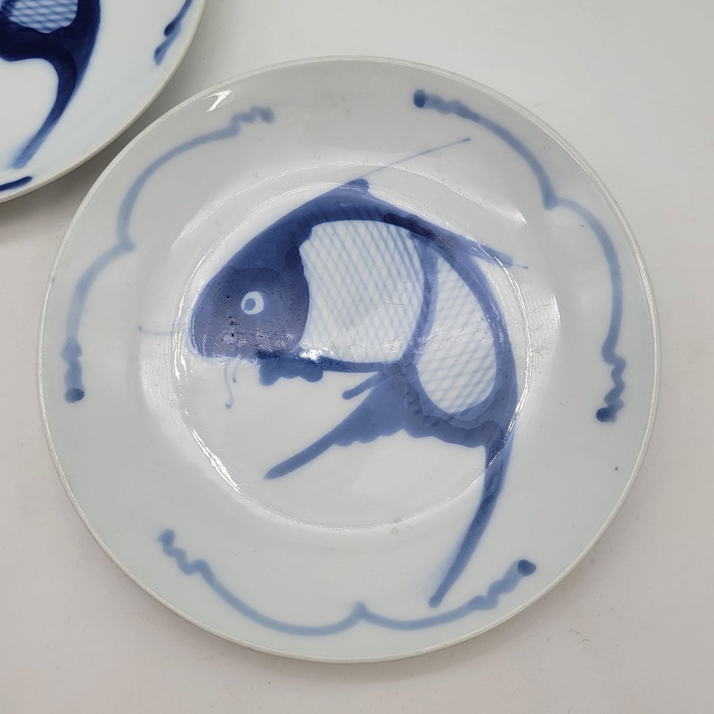 Blue & White Fish Porcelain Plates Set Of 2
