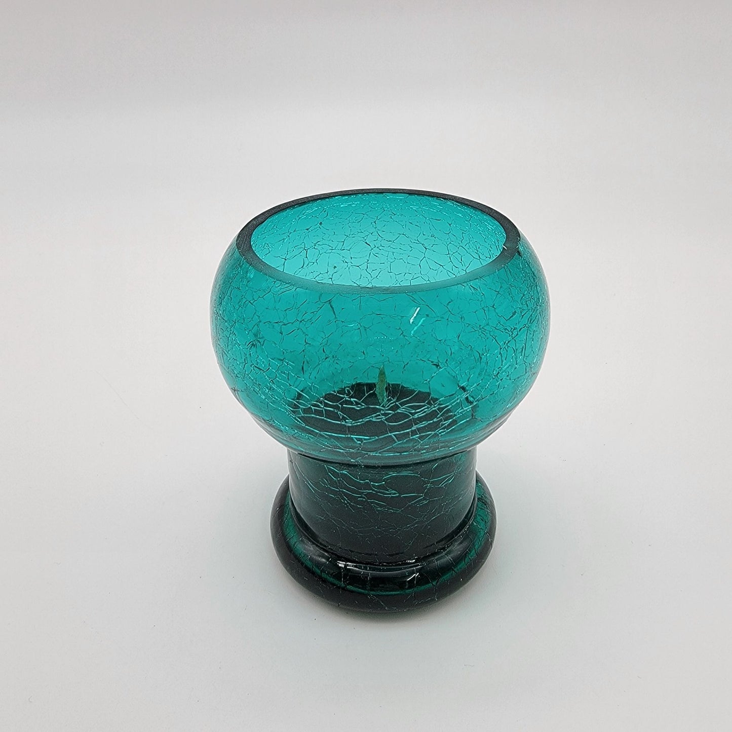 Vintage  Teal Crackled Glass Candle Holder