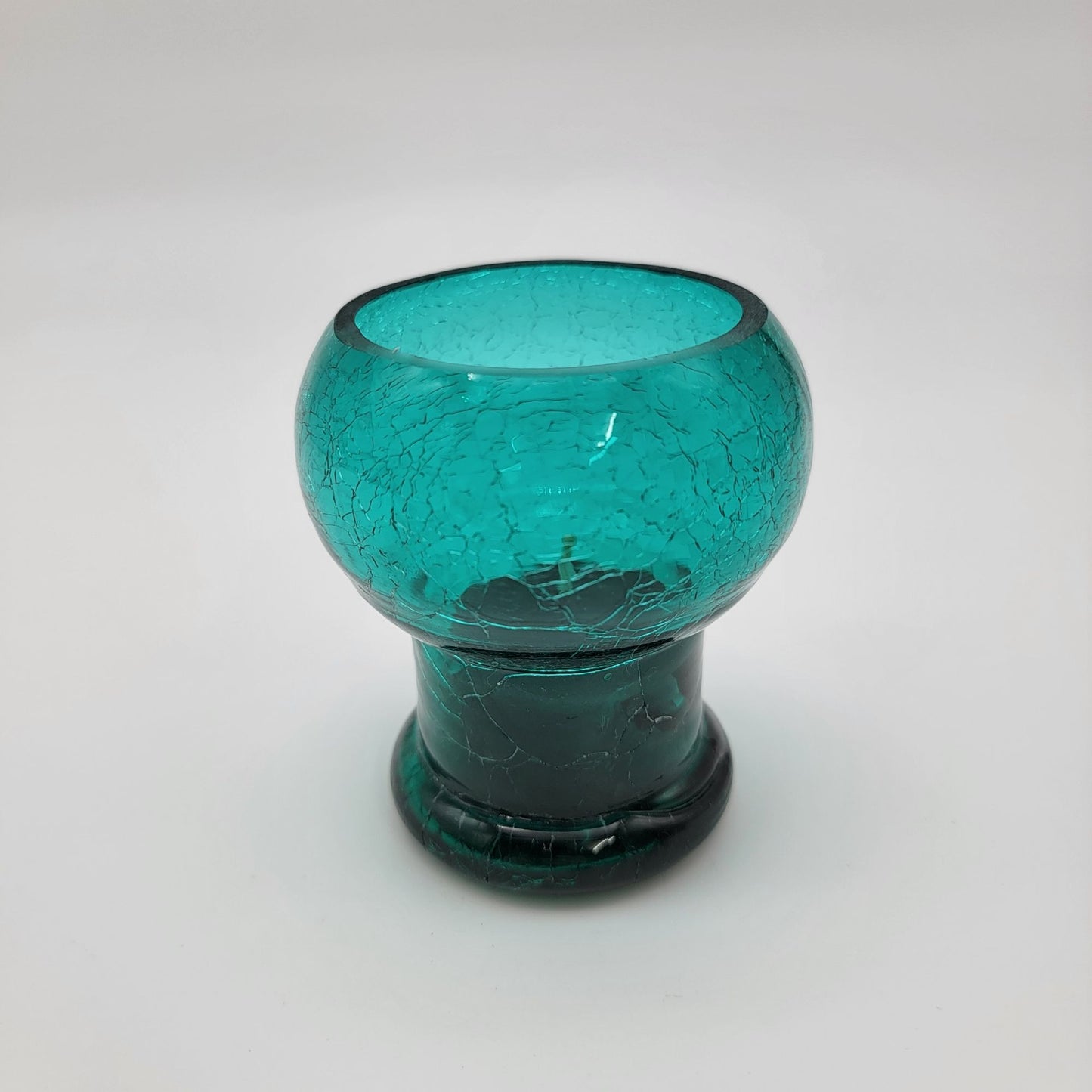 Vintage  Teal Crackled Glass Candle Holder