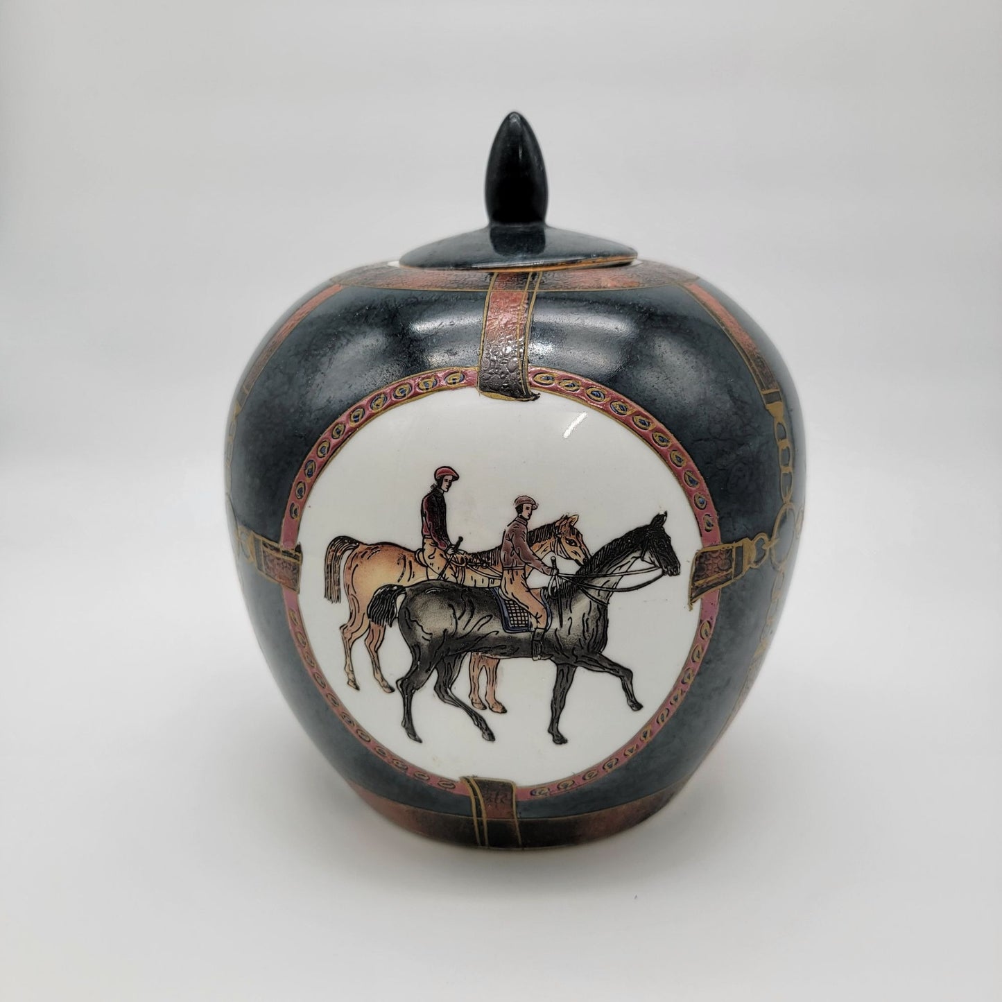 Large Vintage WBI Equestrian Porcelain Ginger Jar With Lid Featuring Horseback Riders