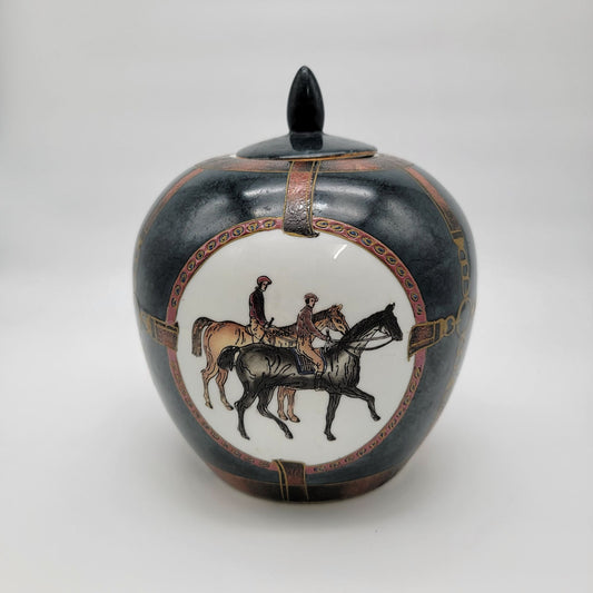 Large Vintage WBI Equestrian Porcelain Ginger Jar With Lid Featuring Horseback Riders