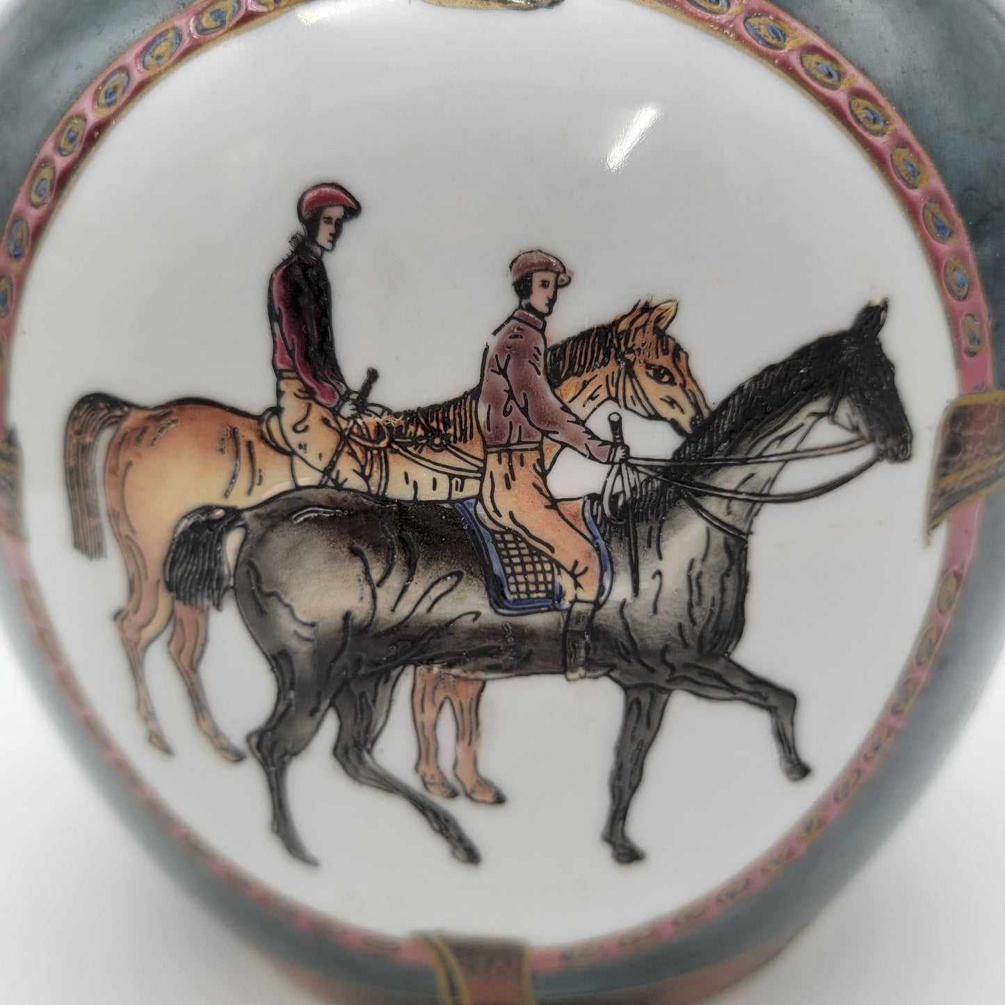 Large Vintage WBI Equestrian Porcelain Ginger Jar With Lid Featuring Horseback Riders