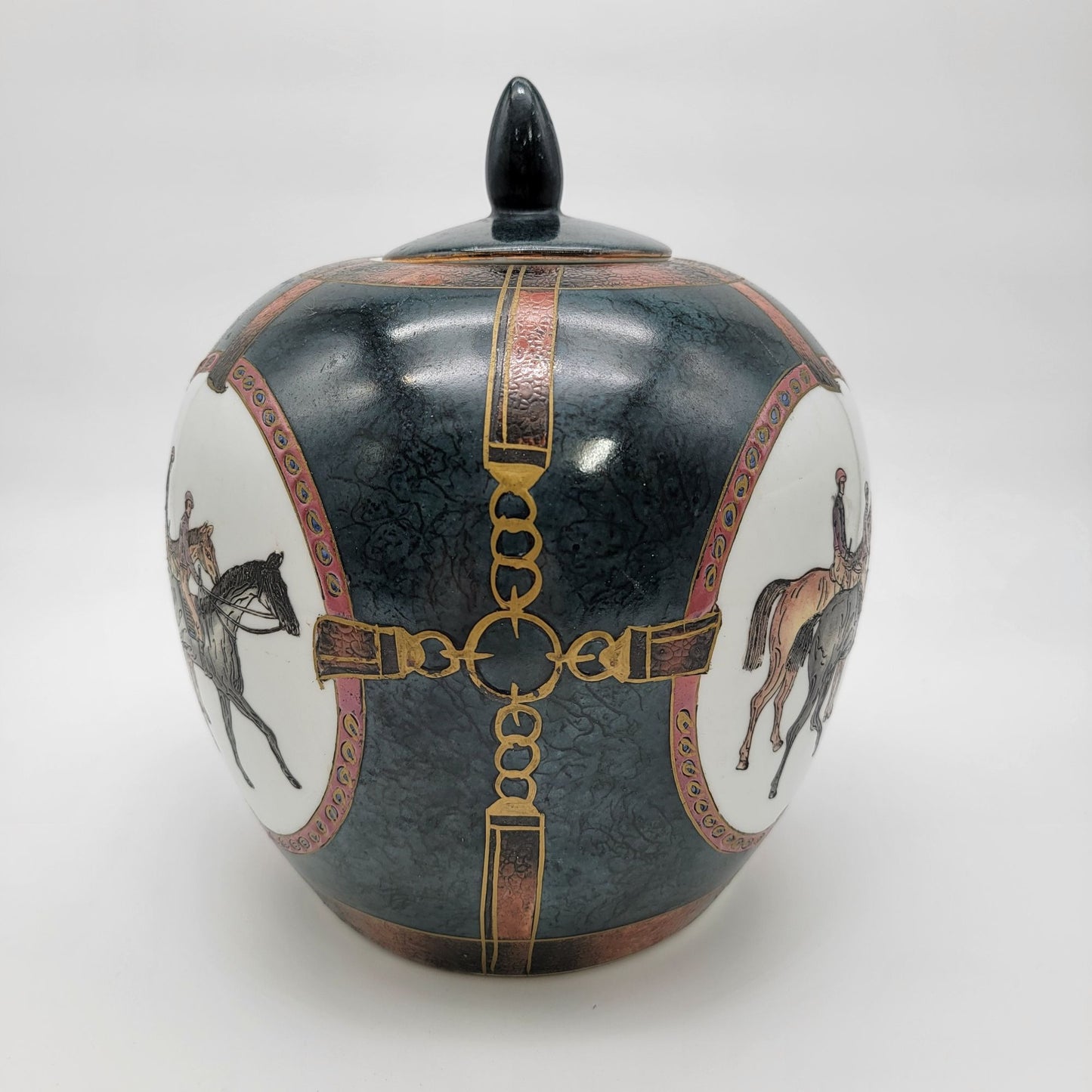 Large Vintage WBI Equestrian Porcelain Ginger Jar With Lid Featuring Horseback Riders