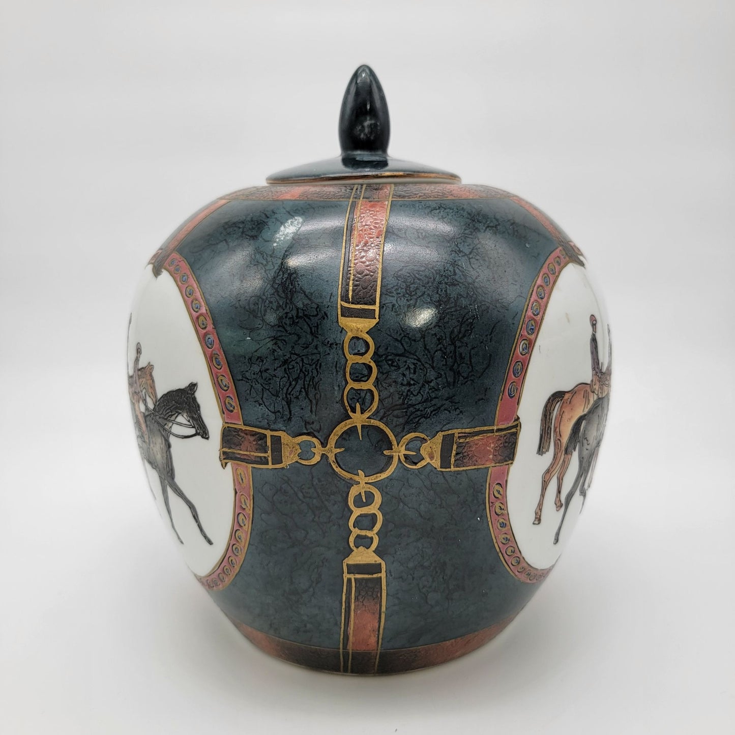 Large Vintage WBI Equestrian Porcelain Ginger Jar With Lid Featuring Horseback Riders