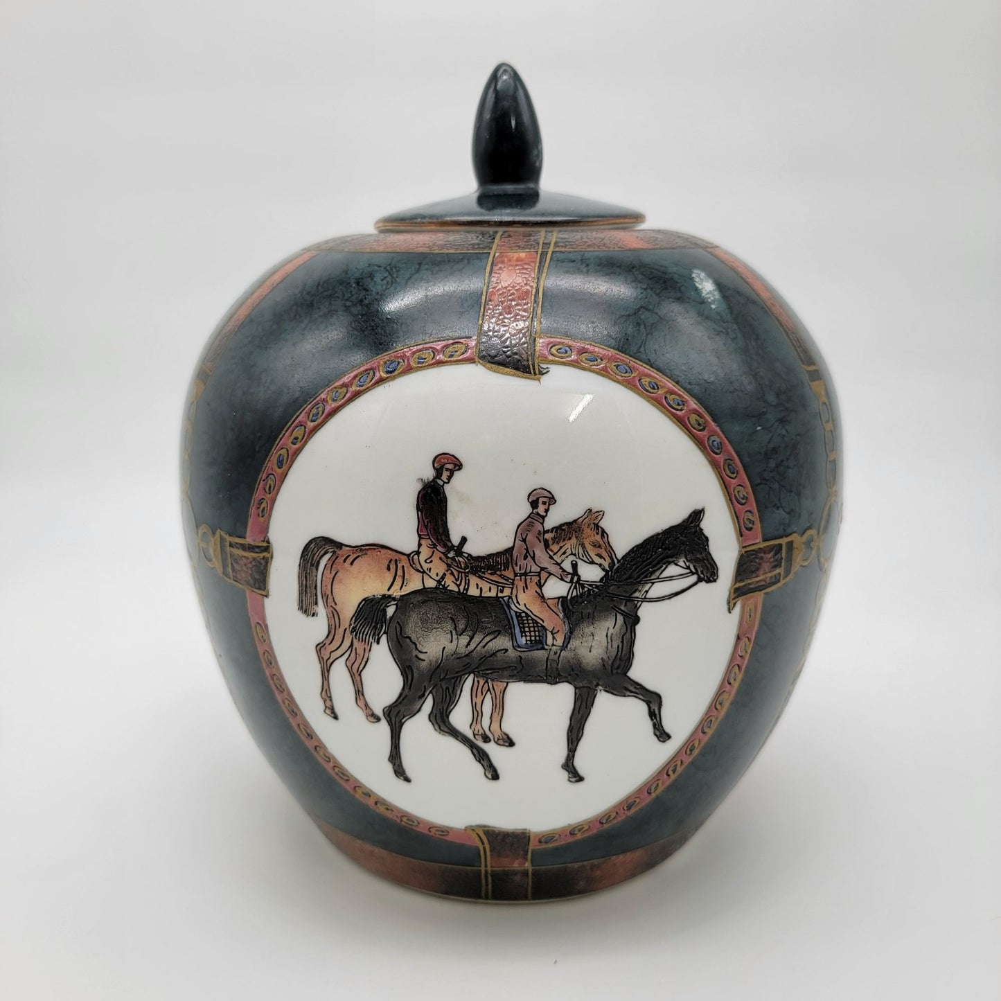 Large Vintage WBI Equestrian Porcelain Ginger Jar With Lid Featuring Horseback Riders