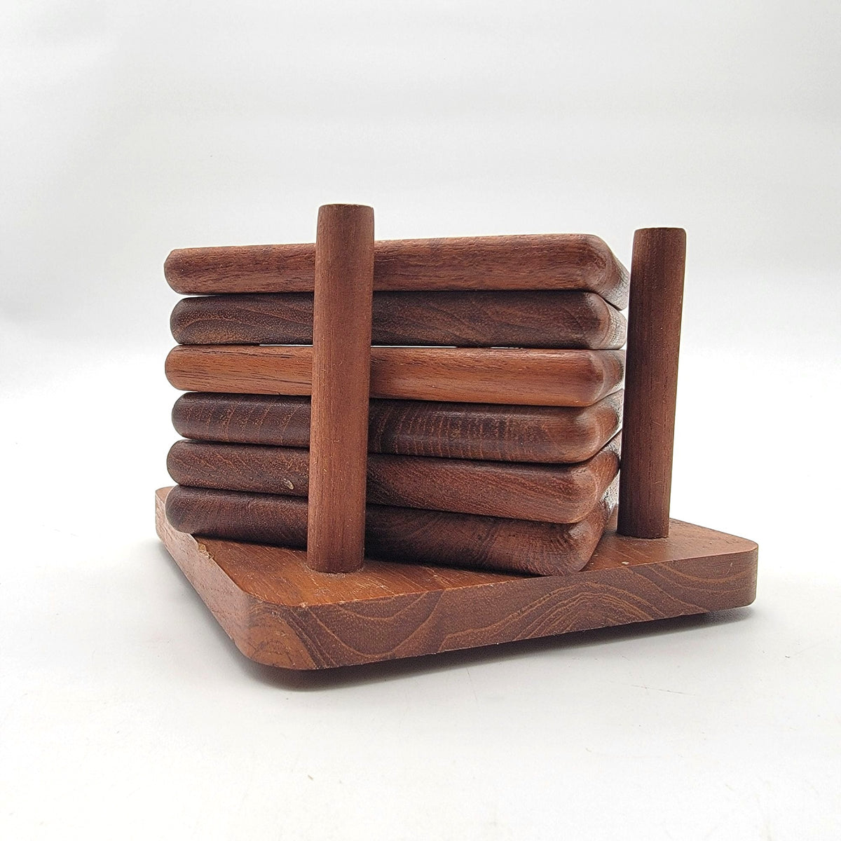Vintage Teak Wood Coasters & Holder Set Of 6