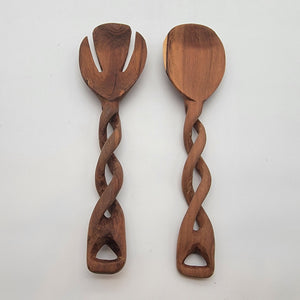 Handmade Twisted Large Olive Wood Salad Fork and Spoon Servers