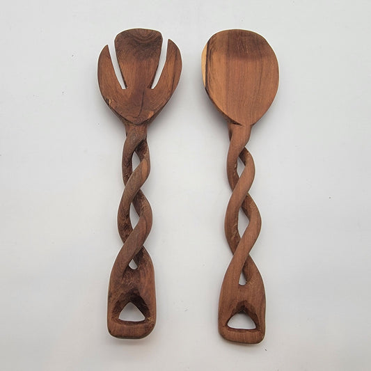 Handmade Twisted Large Olive Wood Salad Fork and Spoon Servers