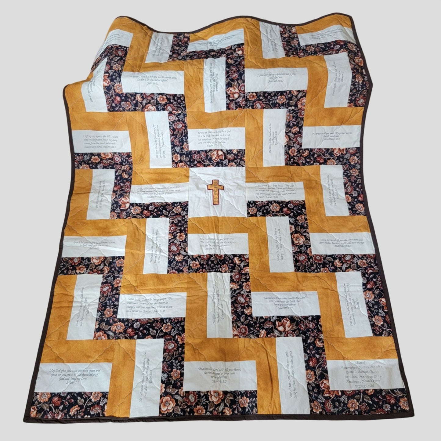 Handmade Christian Scripture Quilt With Cross Bible Verses & Floral Pattern 55" x 77" Blanket