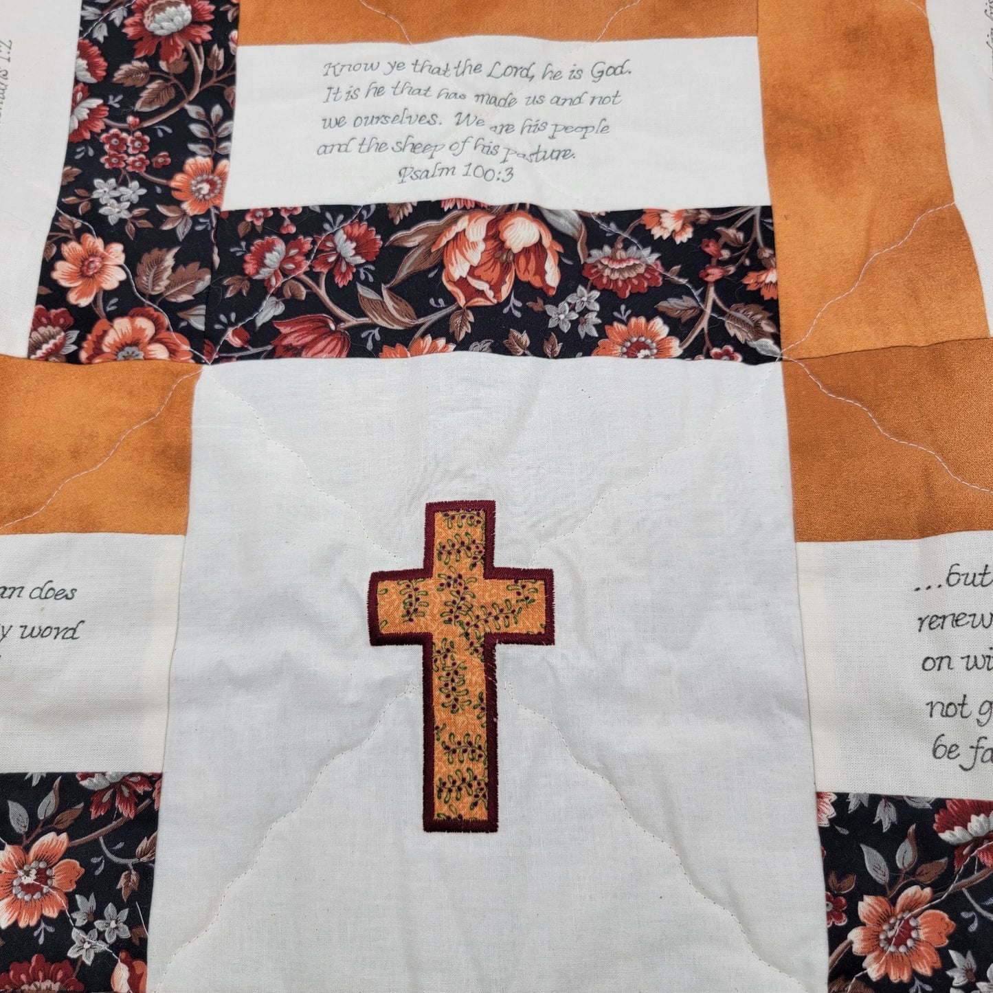 Handmade Christian Scripture Quilt With Cross Bible Verses & Floral Pattern 55" x 77" Blanket