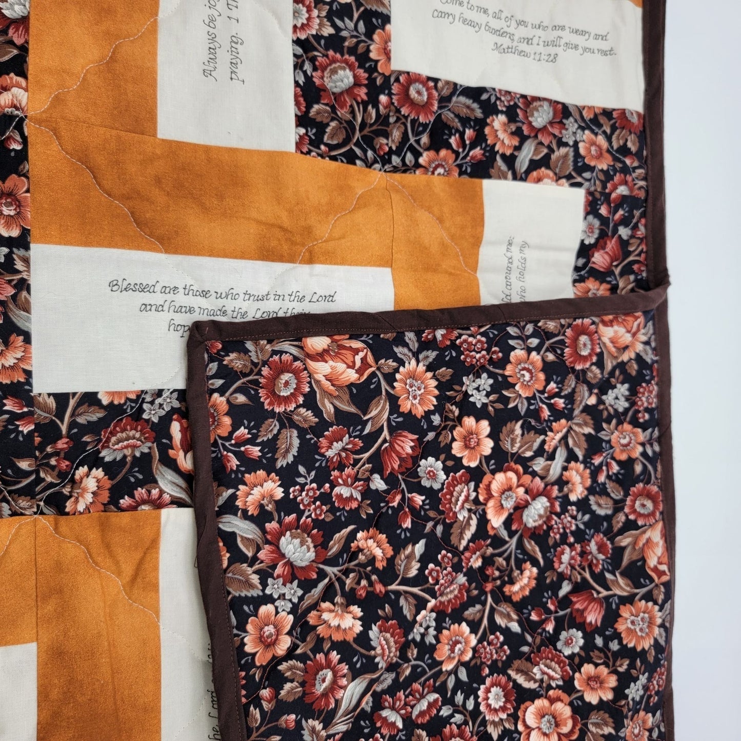 Handmade Christian Scripture Quilt With Cross Bible Verses & Floral Pattern 55" x 77" Blanket