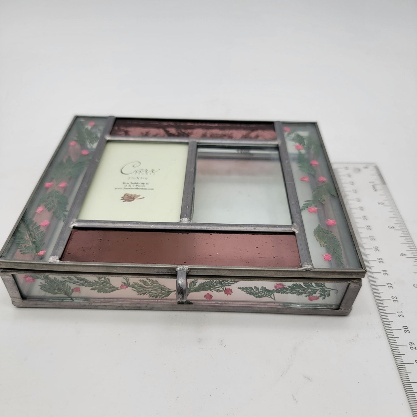 Stained Glass Jewelry Box With Pressed Flowers & Mirror Lid by Carr Frames , Burnes of Boston