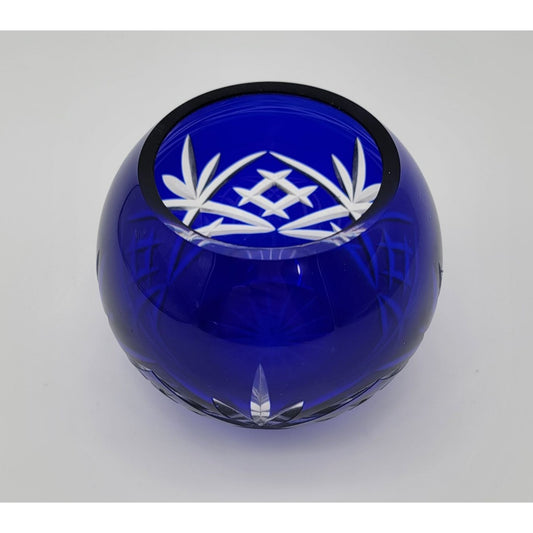 Cobalt Blue Cut to Clear Glass Rose Bowl Vase