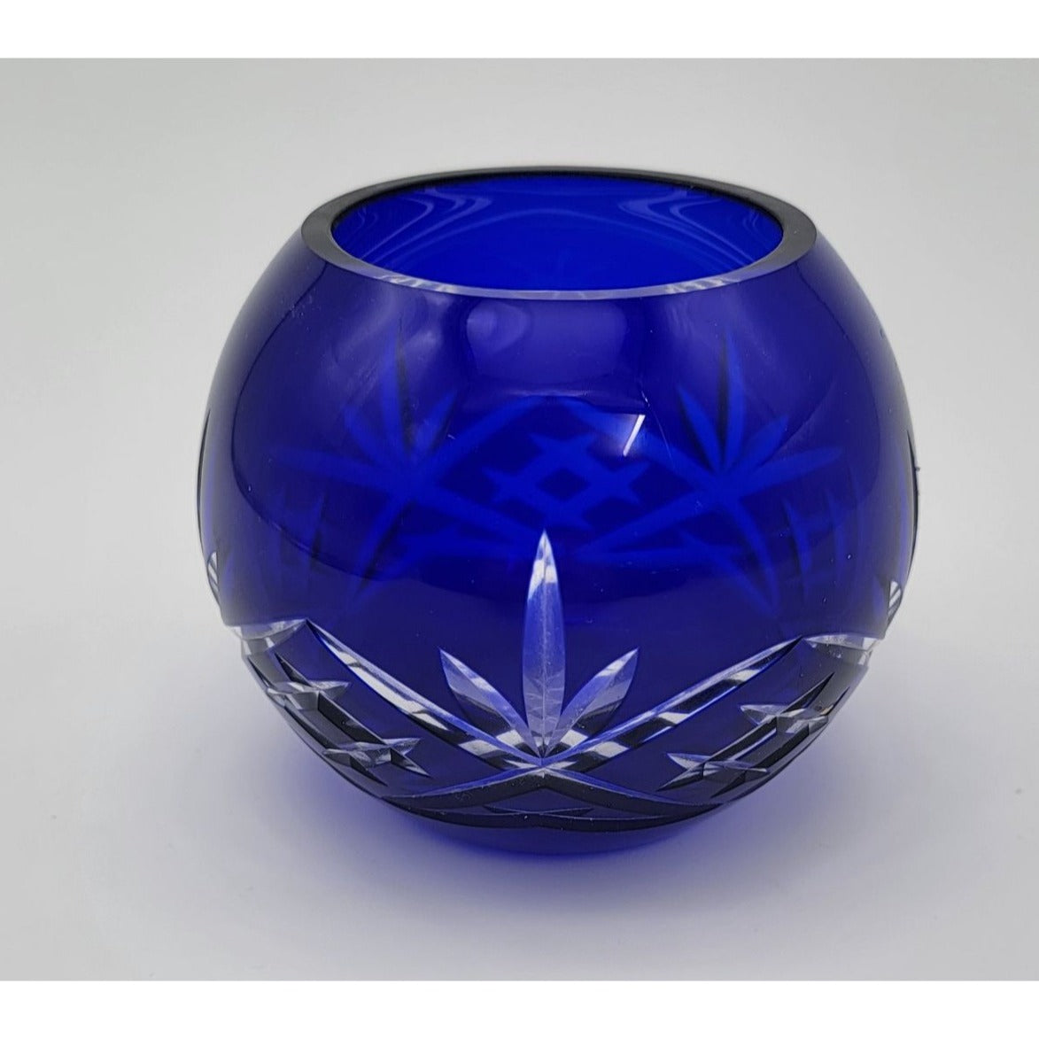 Cobalt Blue Cut to Clear Glass Rose Bowl Vase