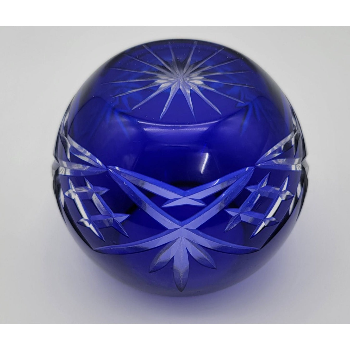 Cobalt Blue Cut to Clear Glass Rose Bowl Vase
