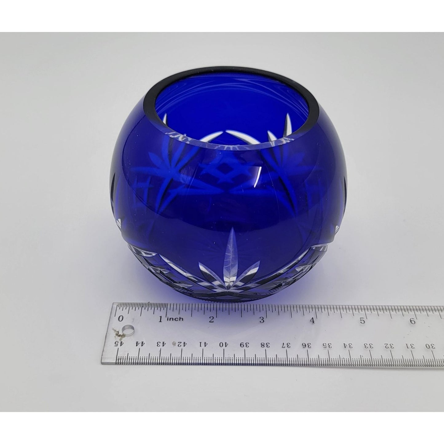 Cobalt Blue Cut to Clear Glass Rose Bowl Vase