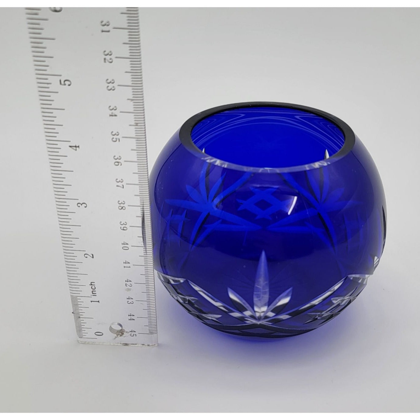 Cobalt Blue Cut to Clear Glass Rose Bowl Vase