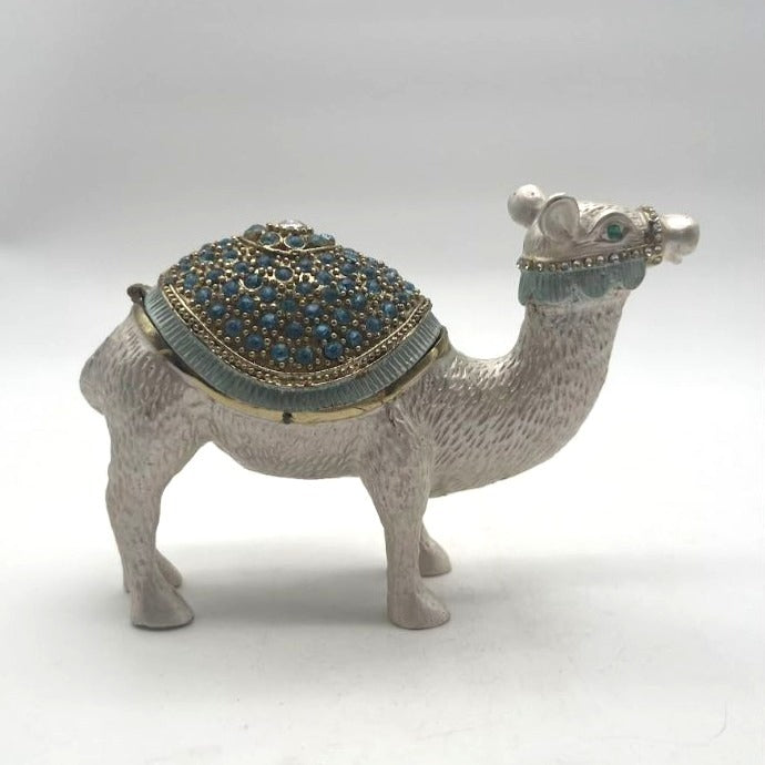 Vintage Silver-Tone Blue Enameled & Rhinestones Camel Trinket Box