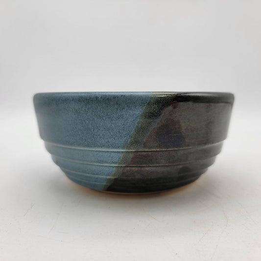 Handcrafted Vintage Pottery Bowl Signed EWOK Two-Tone Glaze Black & Blue
