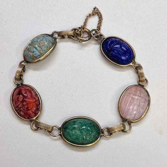 Vintage Egyptian Revival Scarab Multi-Gemstones Bracelet