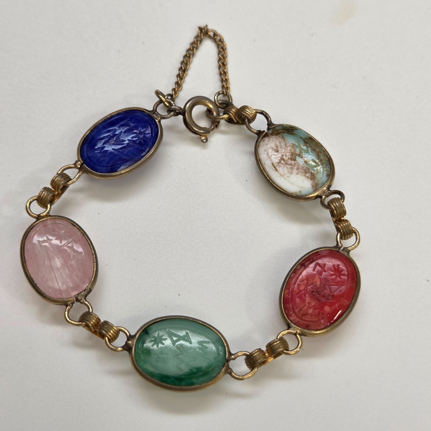 Vintage Egyptian Revival Scarab Multi-Gemstones Bracelet
