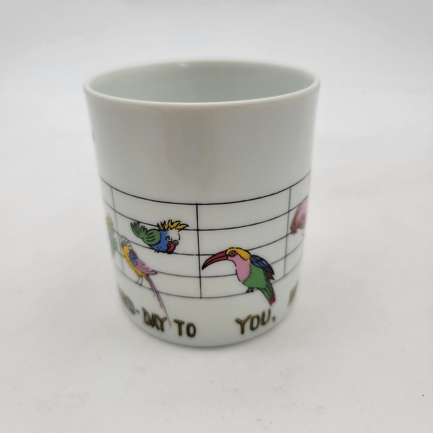 Takakashi San Francisco Con Brio Music Note Parrot Mug Happy Bird-Day Song Coffee Tea Cup