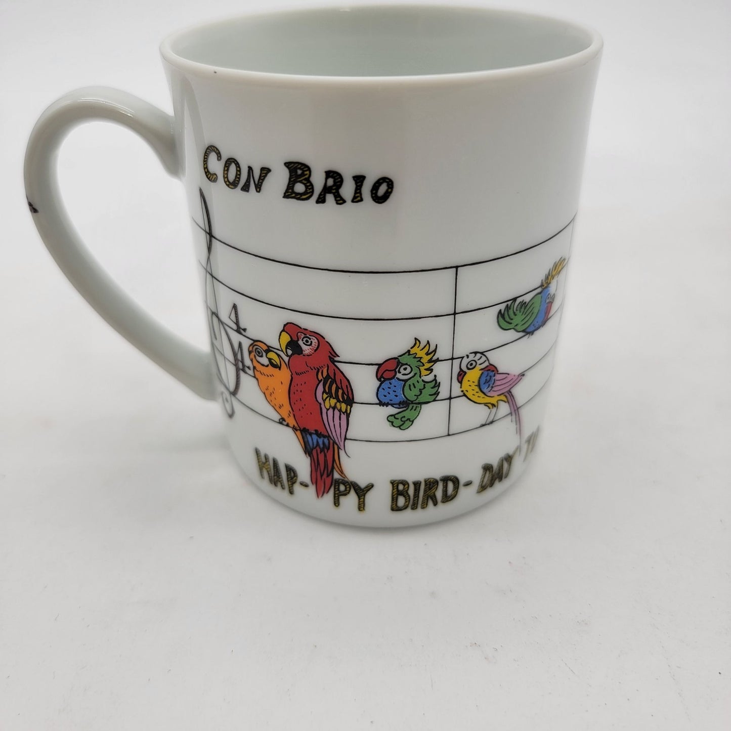 Takakashi San Francisco Con Brio Music Note Parrot Mug Happy Bird-Day Song Coffee Tea Cup