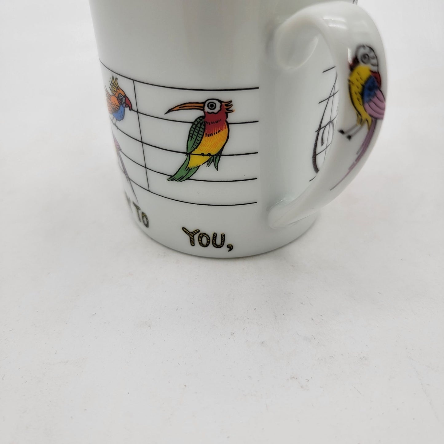 Takakashi San Francisco Con Brio Music Note Parrot Mug Happy Bird-Day Song Coffee Tea Cup