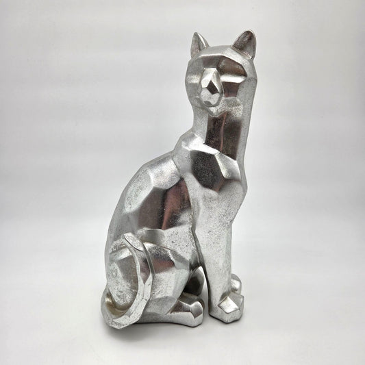 Modern Geometric Chrome-Tone Sitting Cat Statue