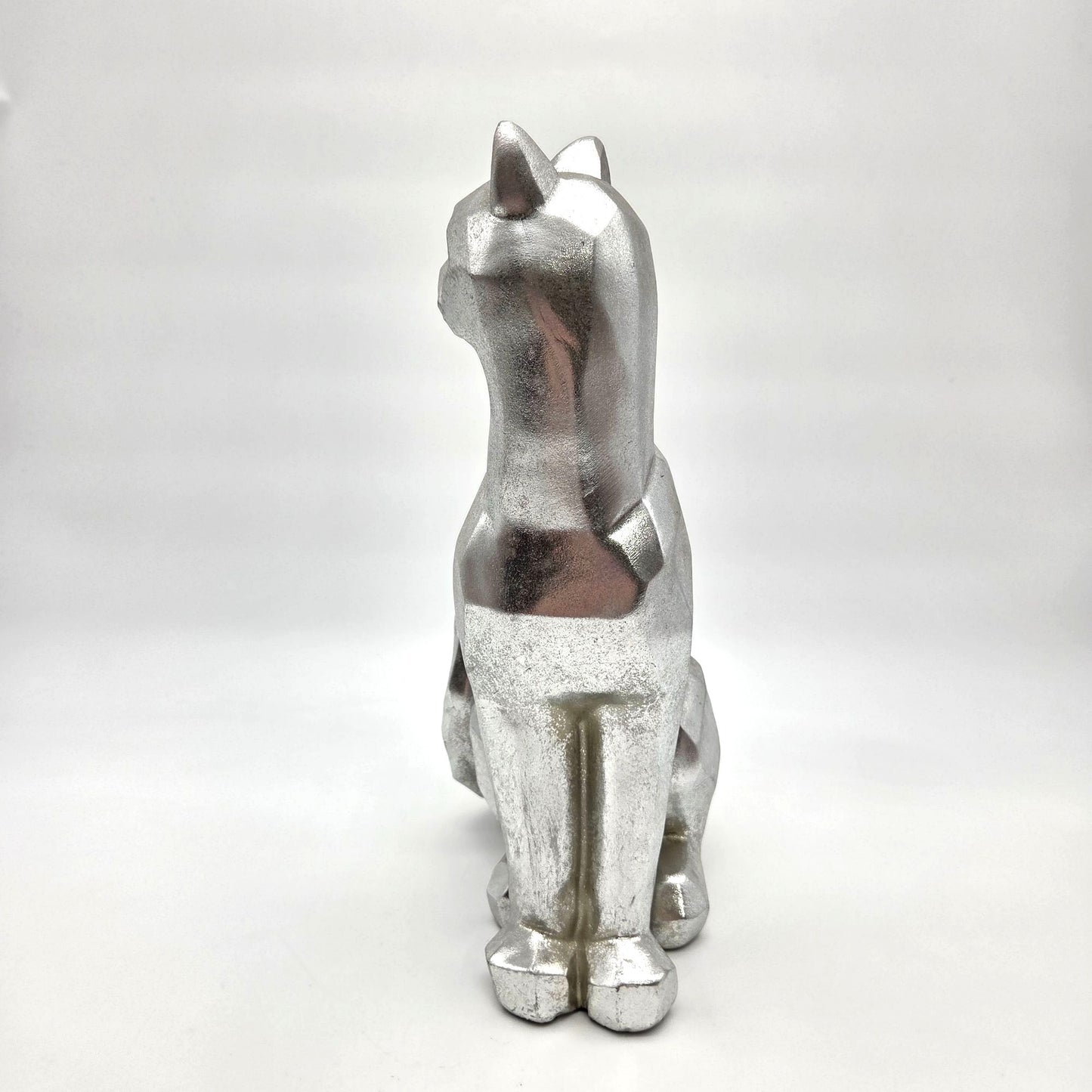Modern Geometric Chrome-Tone Sitting Cat Statue