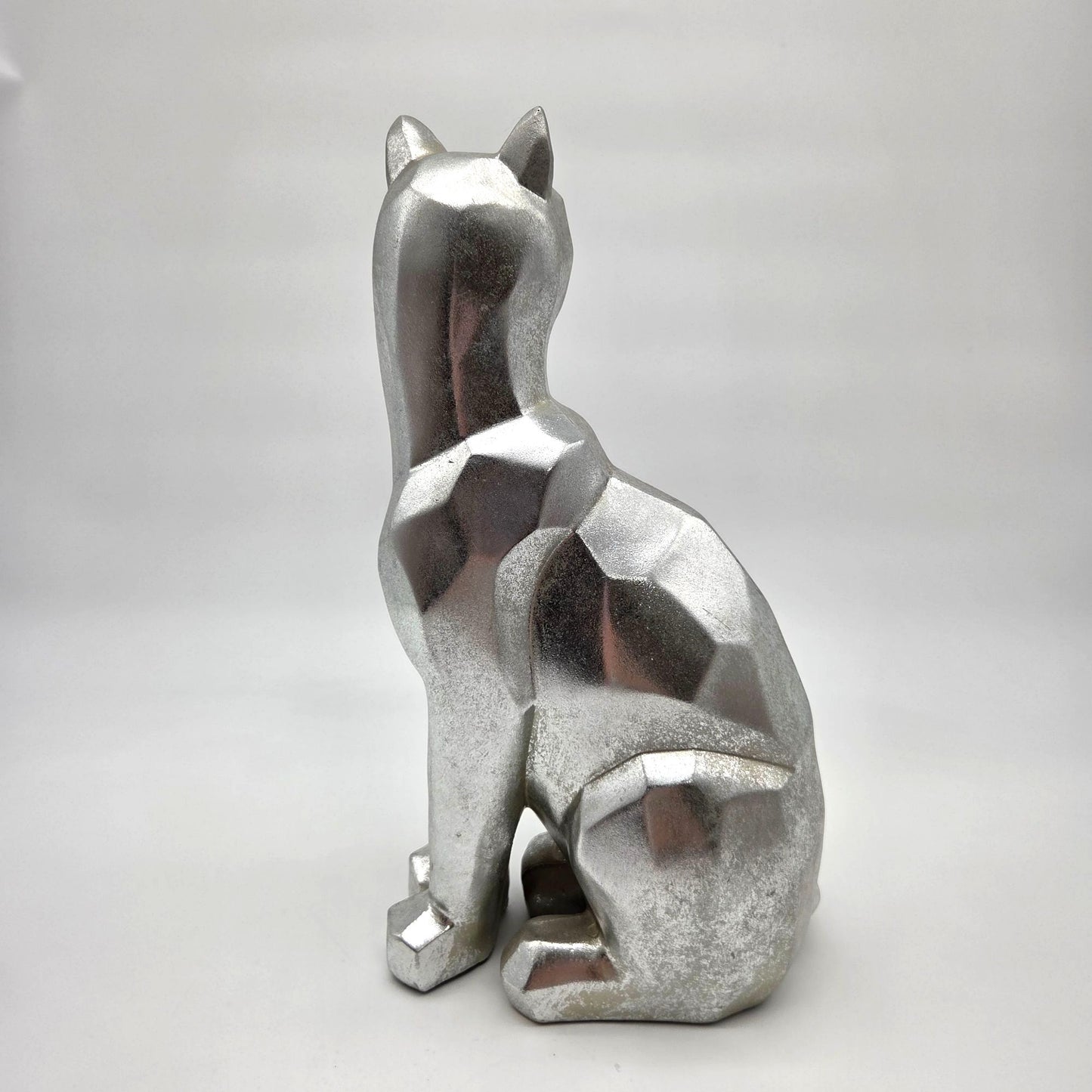 Modern Geometric Chrome-Tone Sitting Cat Statue