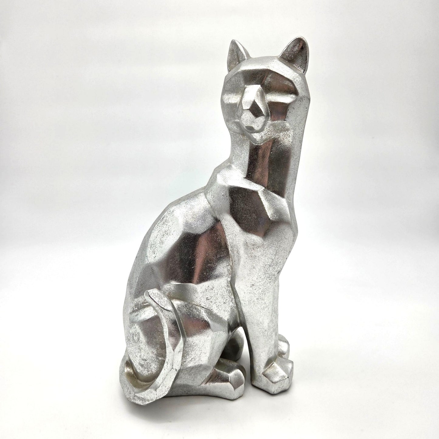 Modern Geometric Chrome-Tone Sitting Cat Statue