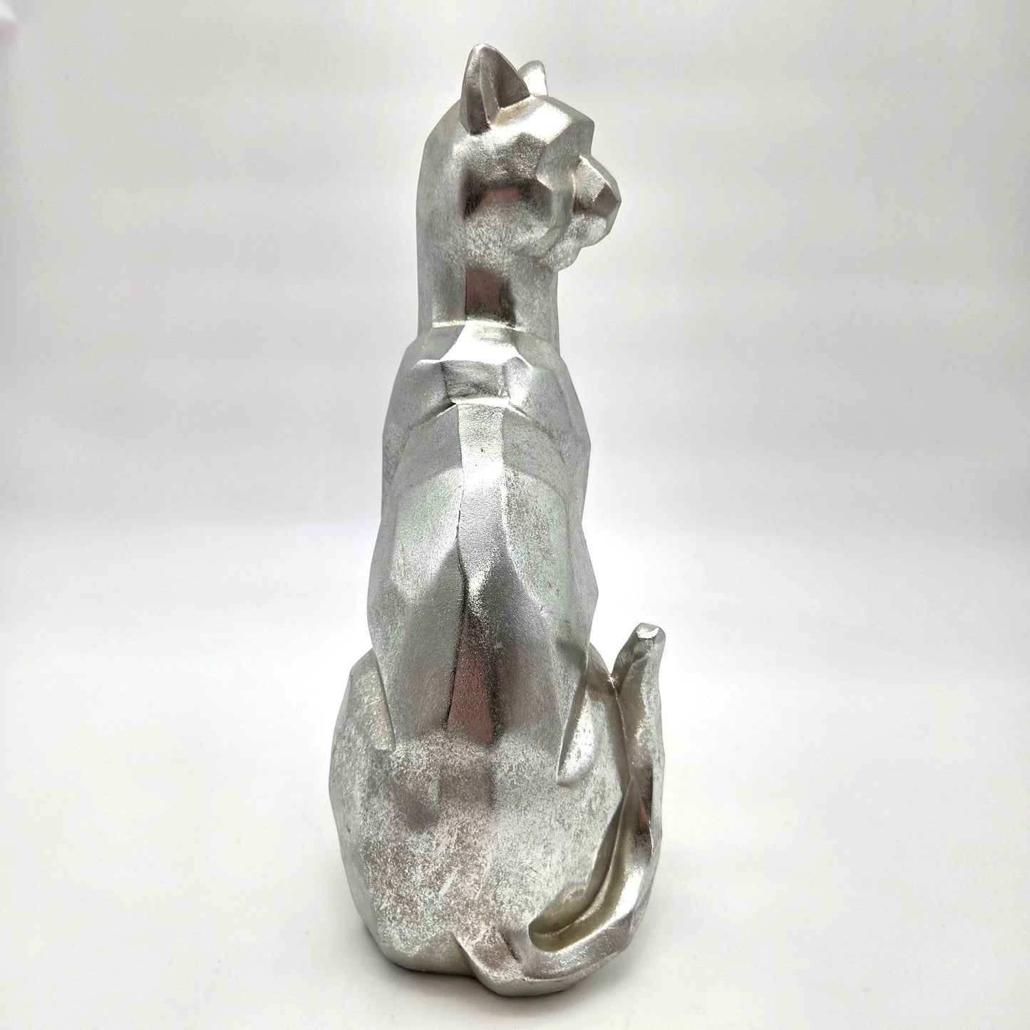 Modern Geometric Chrome-Tone Sitting Cat Statue
