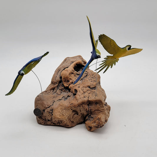 John Perry Blue and Gold Macaw Parrot Trio Sculpture On Burlwood