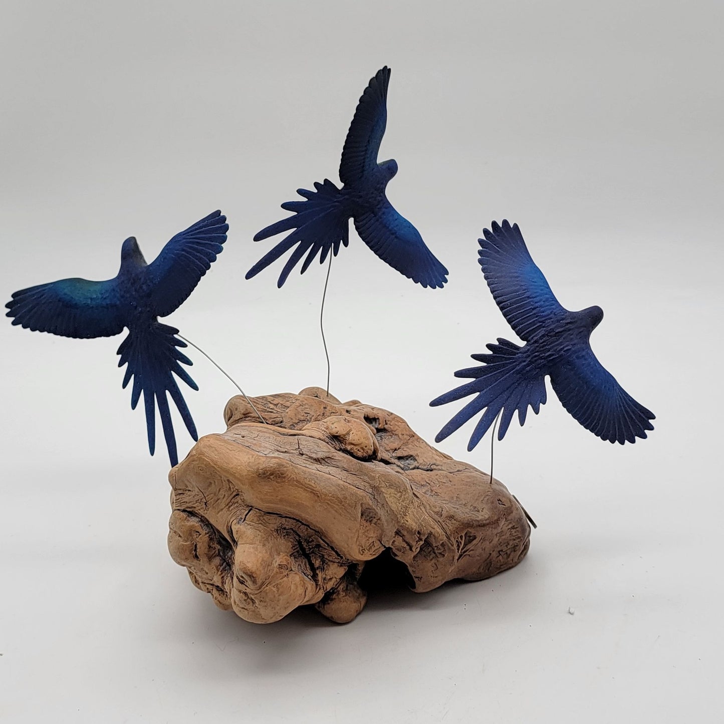 John Perry Blue and Gold Macaw Parrot Trio Sculpture On Burlwood