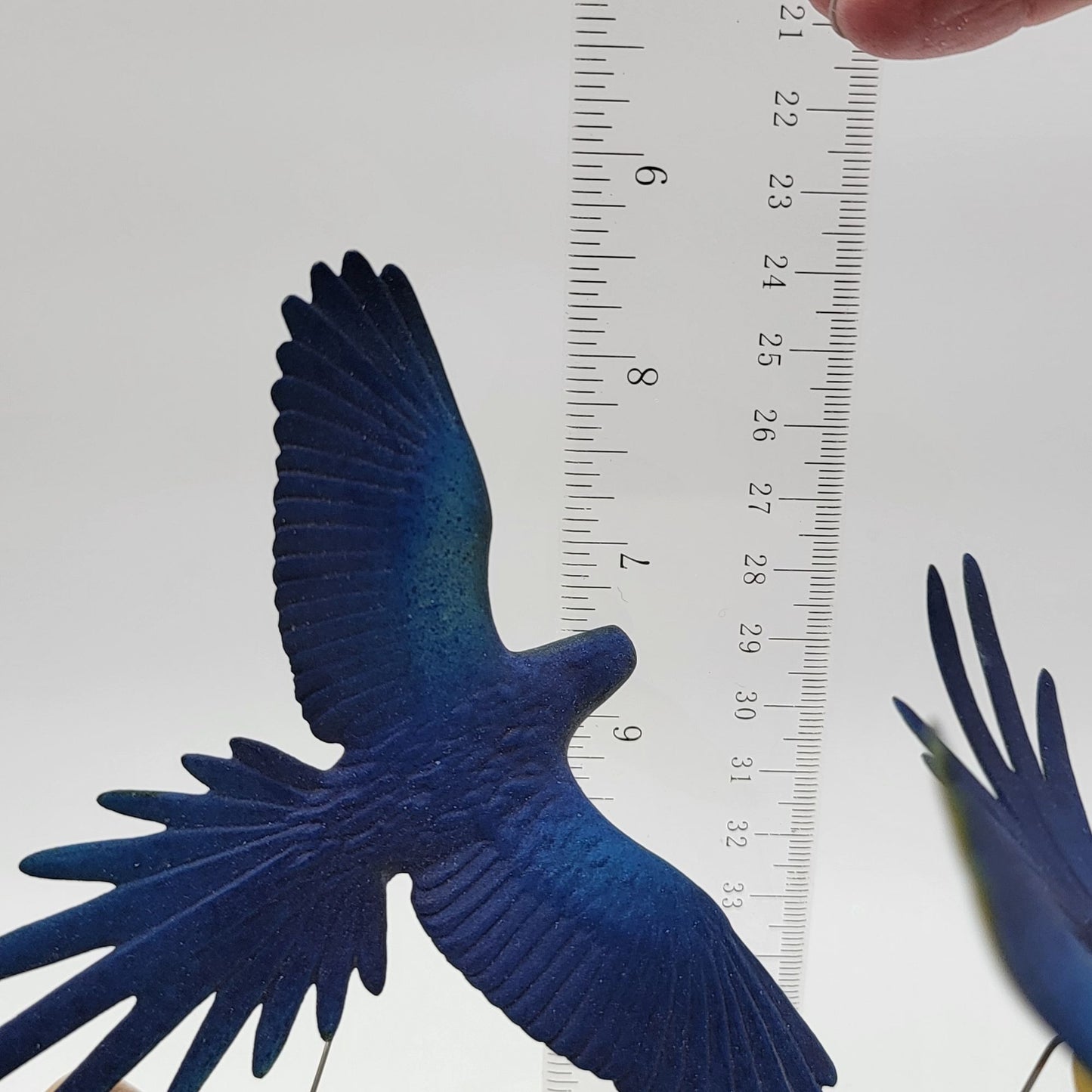 John Perry Blue and Gold Macaw Parrot Trio Sculpture On Burlwood