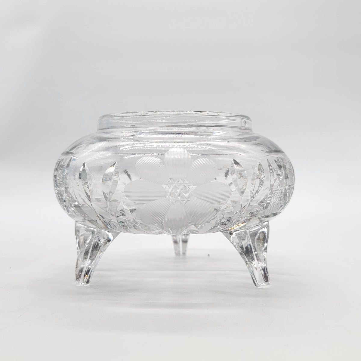 Antique Cut Crystal Footed Bowl With Flower Etching