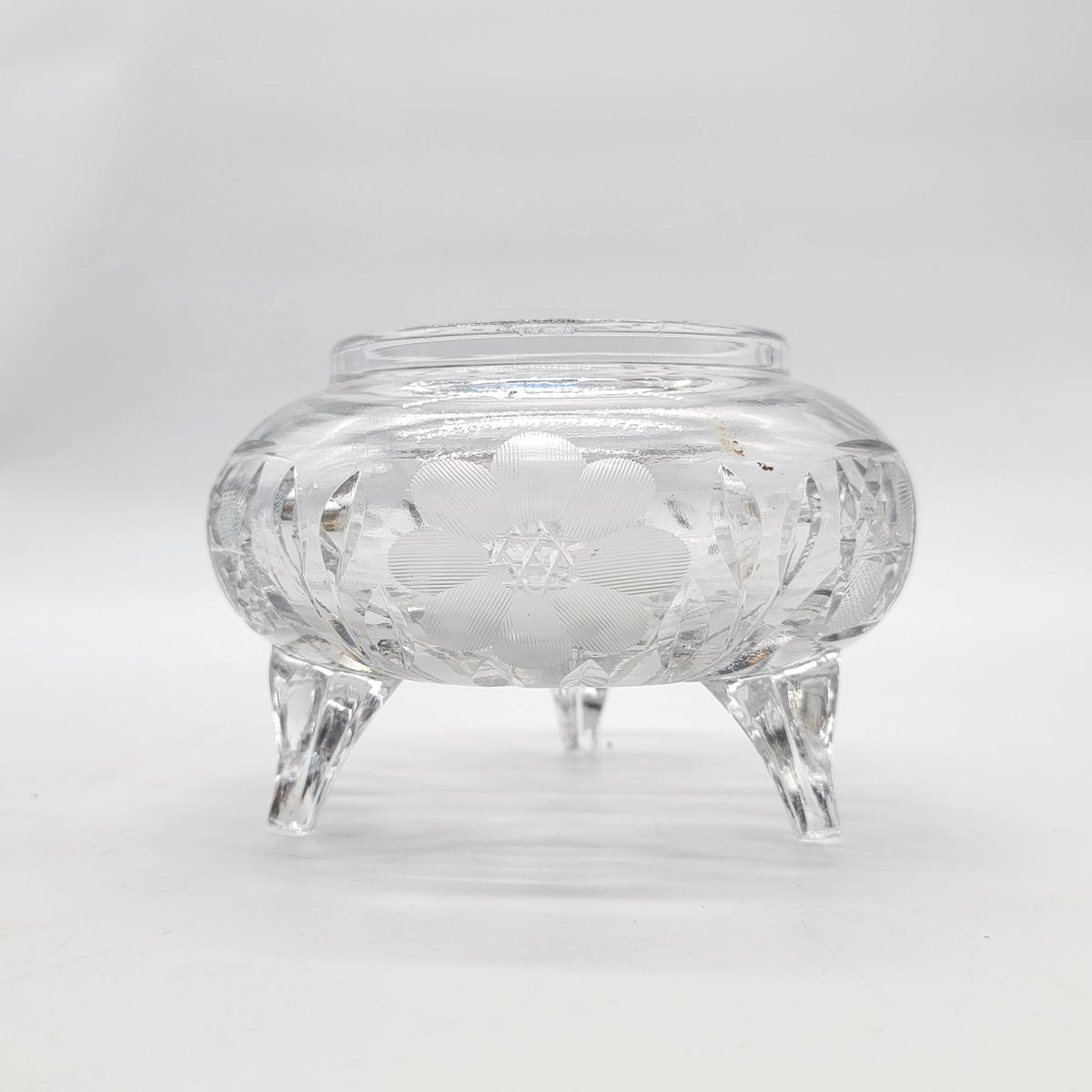Antique Cut Crystal Footed Bowl With Flower Etching